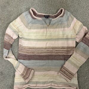 Eddie Bauer Gray and Pink Trim Striped Knit Top